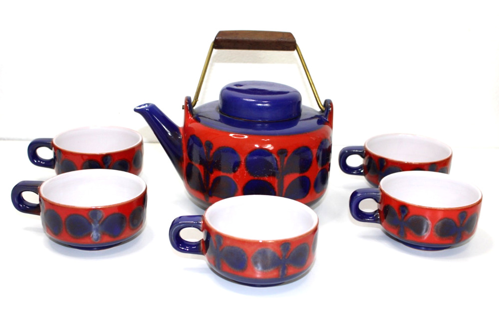 VTG Waechtersbach West Germany Fat Lava MCM Mid Century Teapot Set 5 Cups